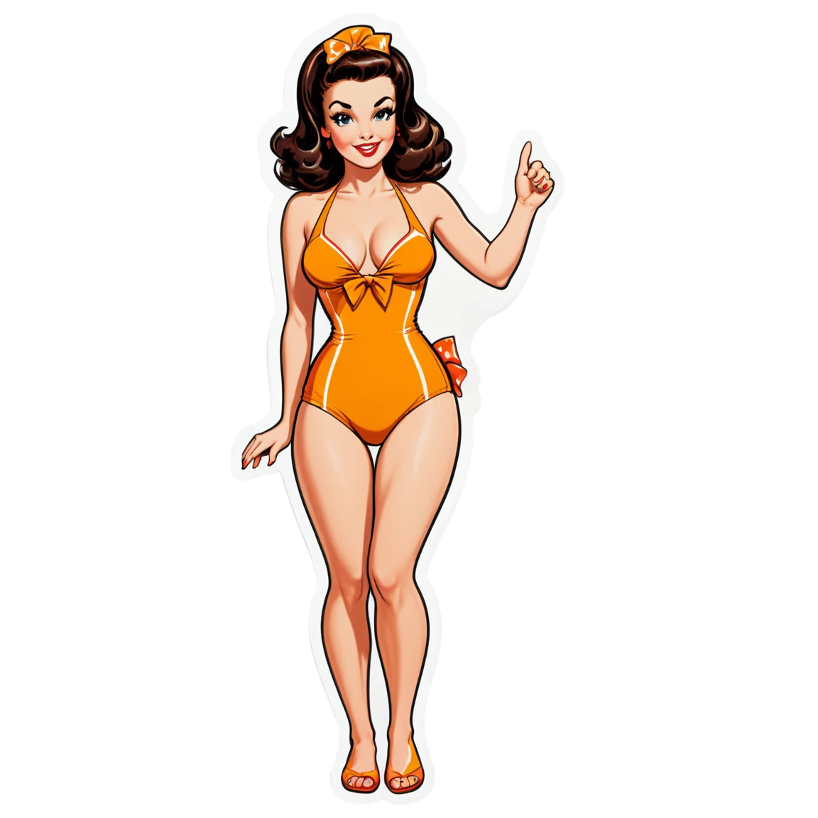 A brunette pinup model with a 1970s bush, in a bathing suit pinup-girl stickers