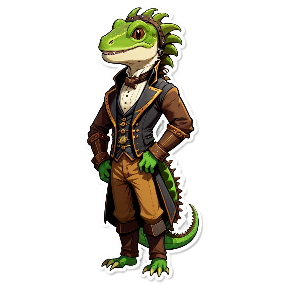 longbrown-haired steampunk male lizard, smiling, greenskin furry stickers