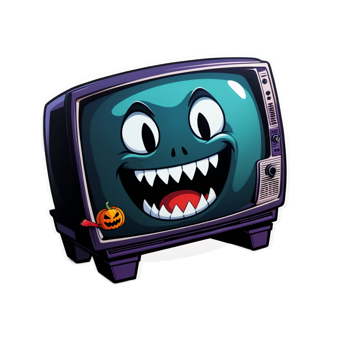 The idea of ​​the logo is a cute TV with a mouth and fangs doing some action, maybe eating someone. He must be bloodthirsty and cute at the same time. Below the mimic himself there should be the name of the group Mimik with an interesting font. It is possible to make an arch above the mimic and the lettering, which can be part of the interaction with the mimic to add ambience to the background. I'll attach photos below, this is a chest, you may know it, but we need to do it in the form of a retro TV halloween stickers