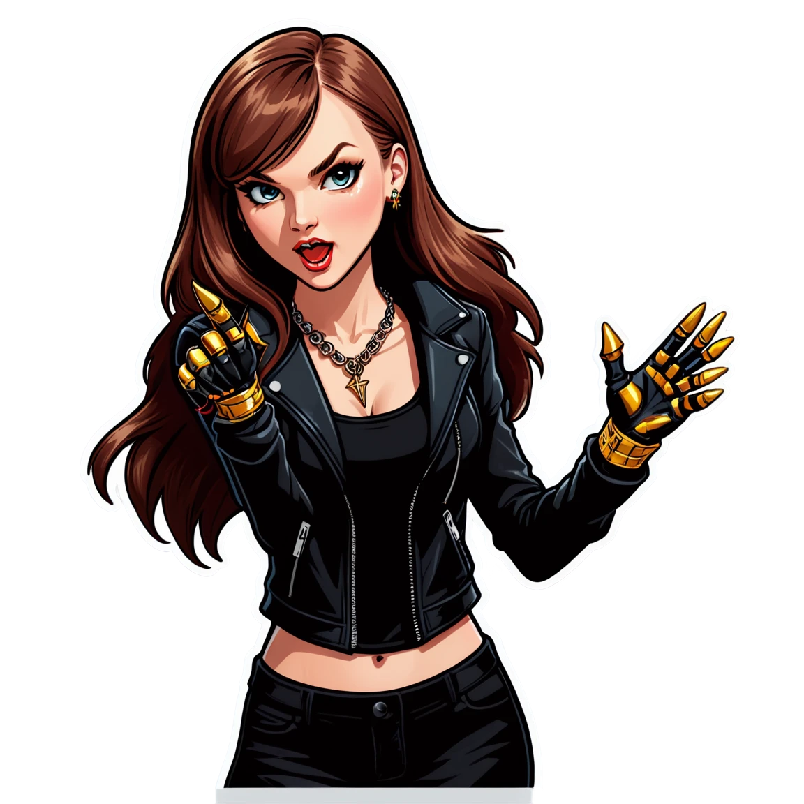 A young girl with long dark red hair, wearing a black jacket with metal elements and gloves with long golden claws, her facial expression is bold and confident. Gothic and rebellious atmosphere, various poses: threatening gesture, thoughtful face, laughing with a raised hand. Transparent background, cartoon style, emphasis on clothing details and accessories, including a spiked necklace. taylor-swift stickers