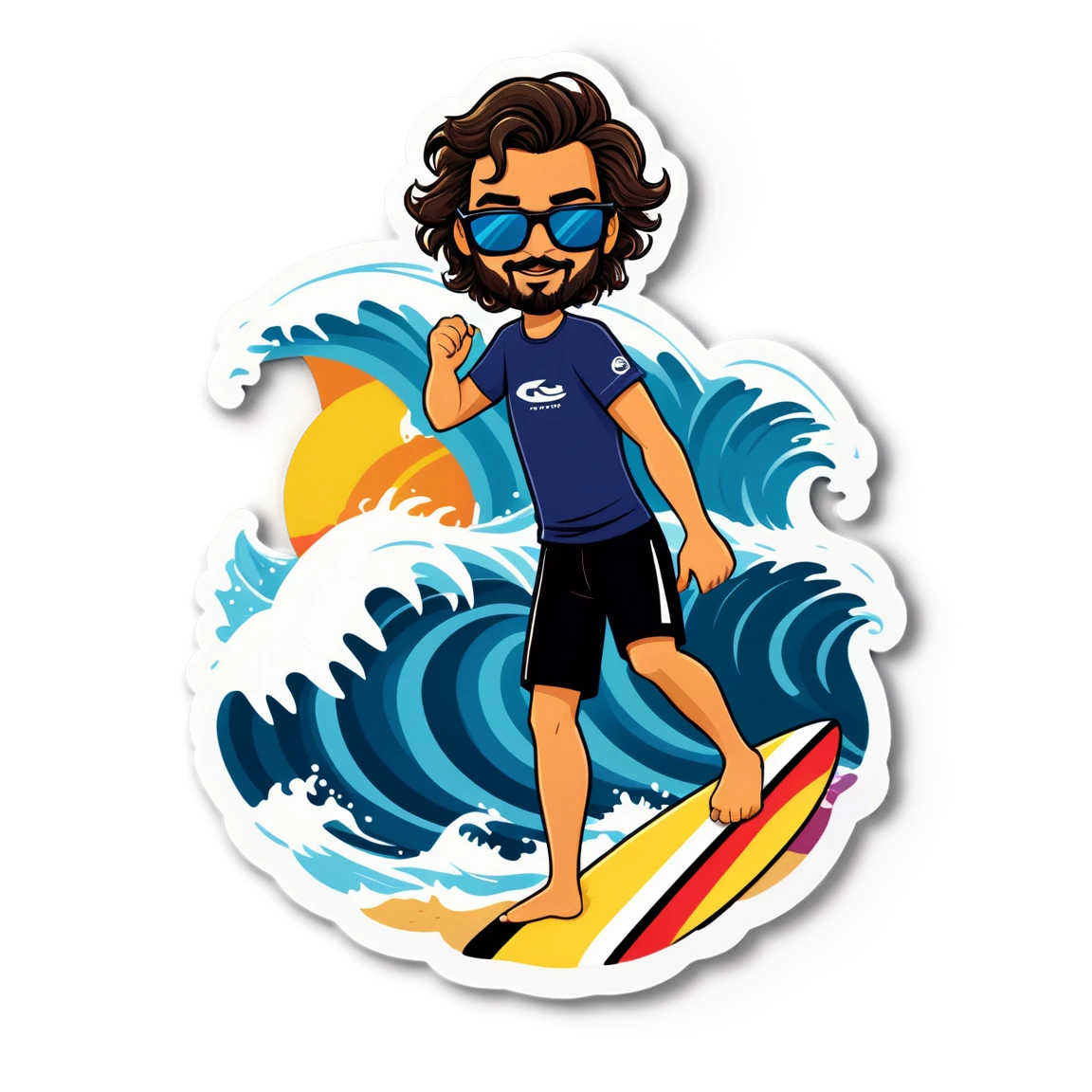 GugaTosh, in the ocean, wearing sunglasses, with beach waves, on a wave, holding a surfboard surf stickers