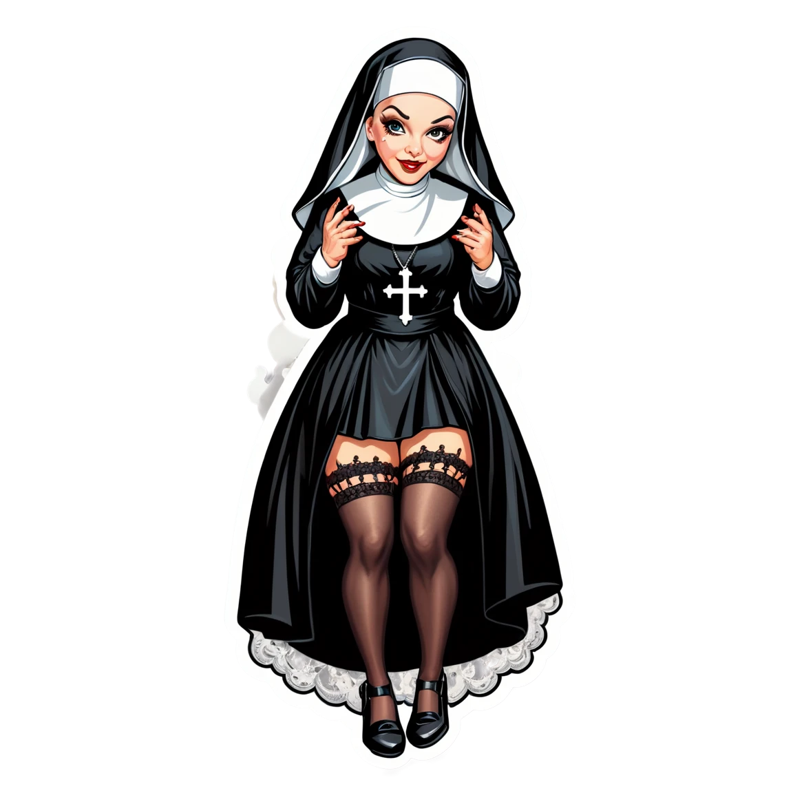 a nun in a transgressive and taboo outfit blending traditional religious attire with BDSM leather and lace elements pinup-girl stickers