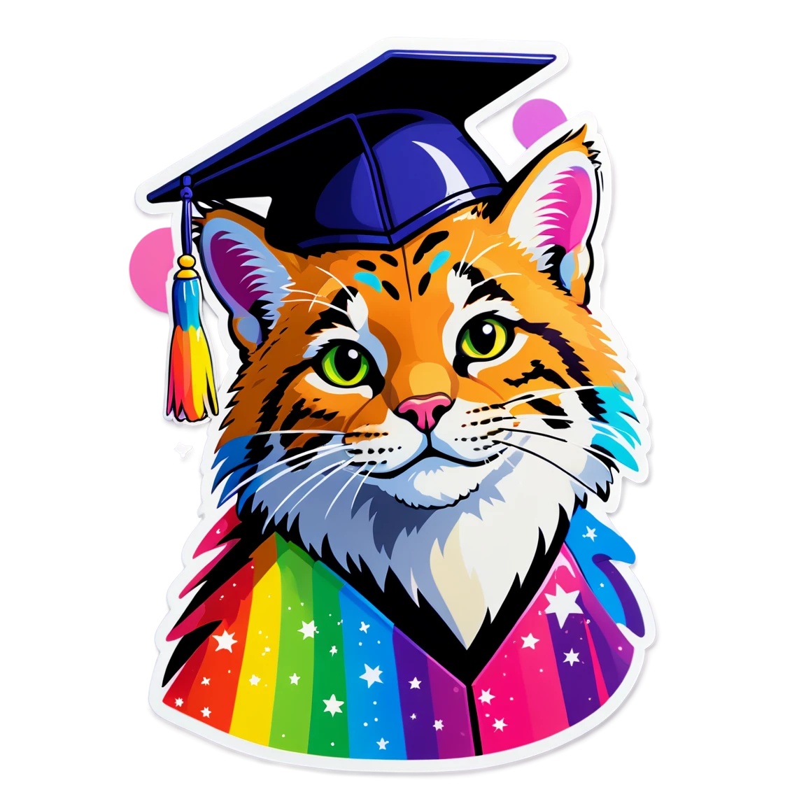 Bobcat wearing a graduation cap, colorful, bright, rainbow colors, neon, stars lisa-frank stickers