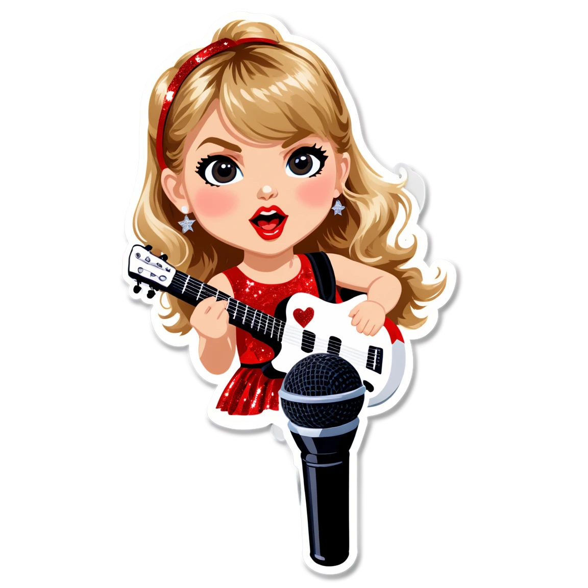 Baby Taylor swift on stage playing the guitar, blonde hair, red lipstick, with a microphone, with glitter, on stage taylor-swift stickers