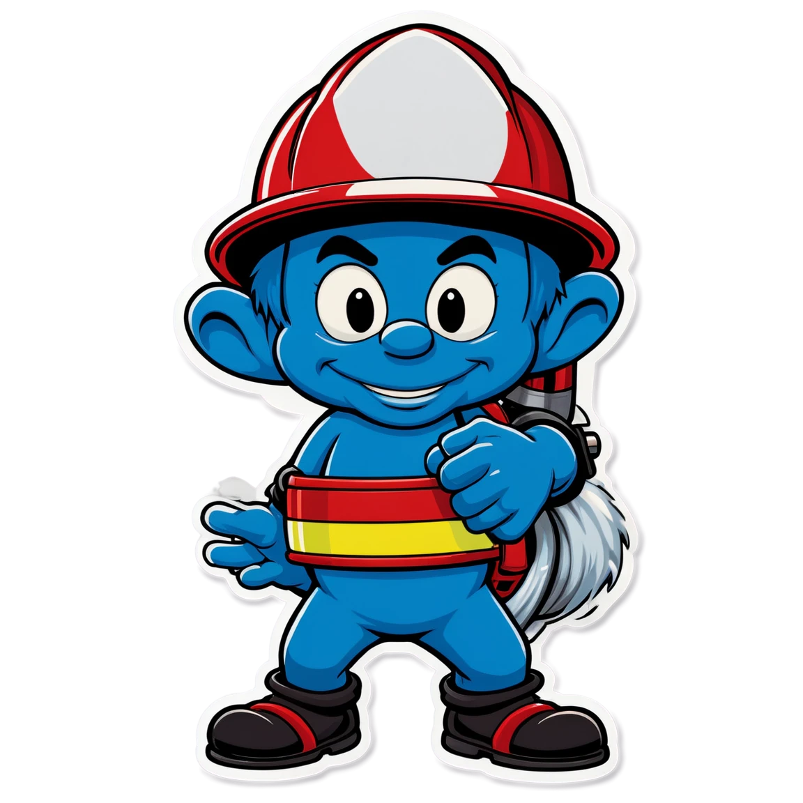 smurf, wearing a helmet, with a hose, with a fire truck firefighter stickers