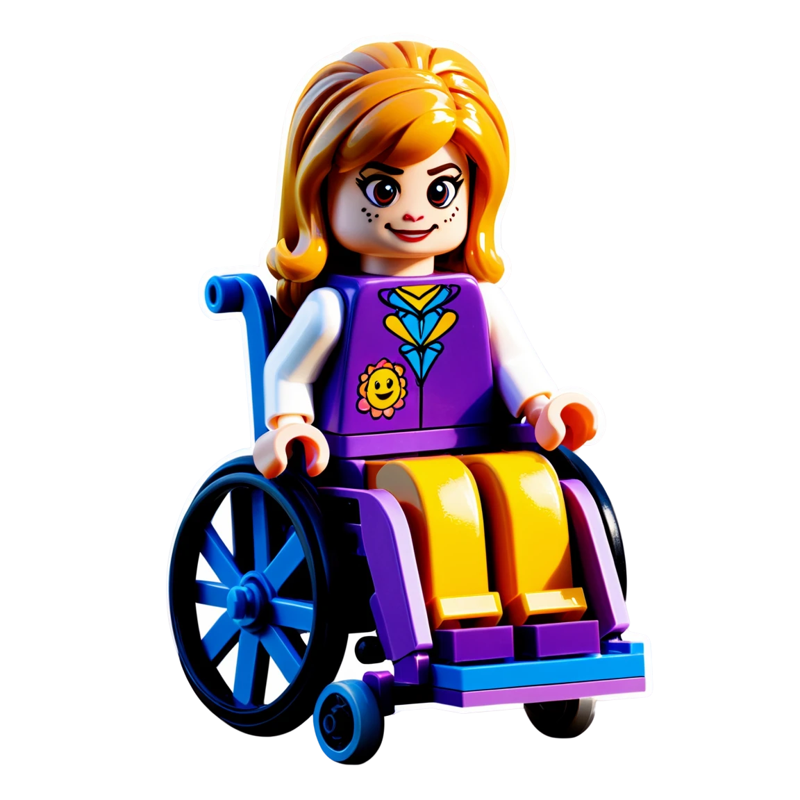 girl in a wheelchair, brown-blonde hair, four years old, purple wheelchair lego stickers