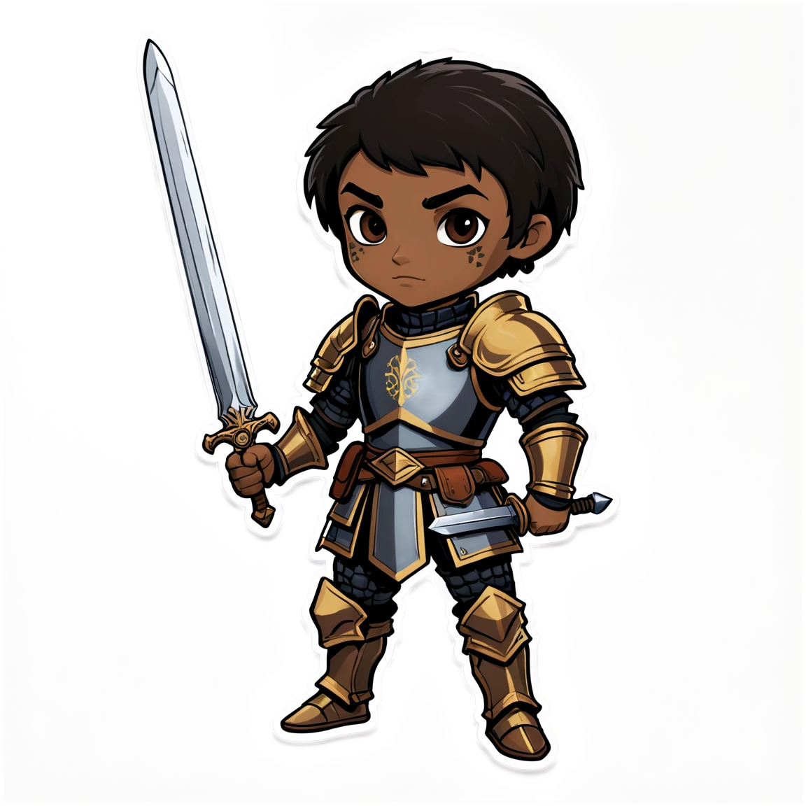 human fighter with a sword mid plate armor. short black hair brown skin and dark brown eyes no shield dnd stickers