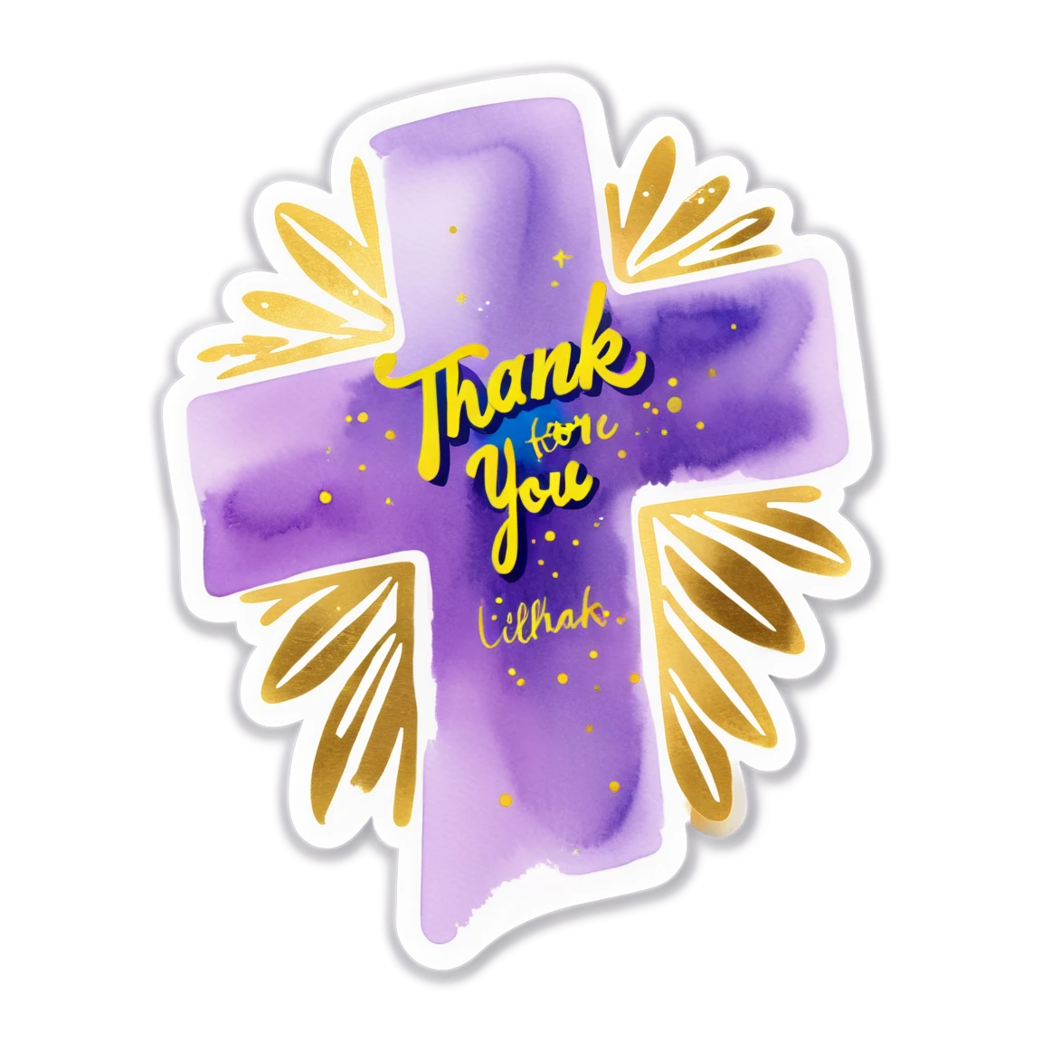 Lilac pastel water colour with gold specks and a gold cross with writing that says Thank you for celebrating with us Lilah 1.2.25 thank-you stickers