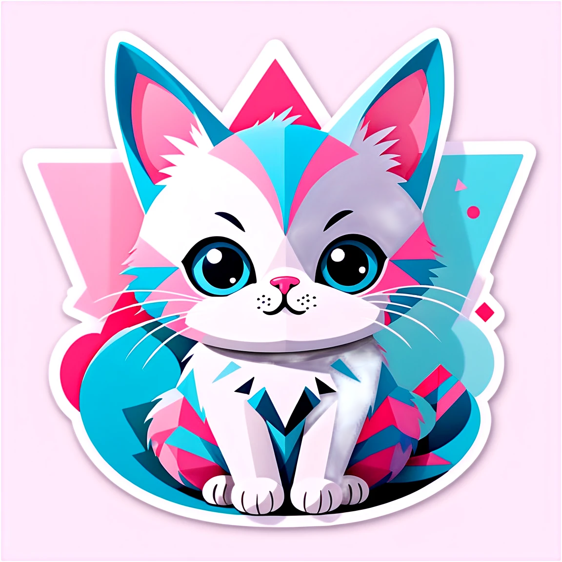 A cute Cat Sticker illustration with a playful expression, White Background, featuring oversized eyes and a small, heart-shaped nose. The Cat is sitting amid a geometric pattern of interlocking triangles and circles, creating a dynamic but harmonious backdrop. The pattern incorporates two to four contrasting colors, such as pastel pink, soft grey, light teal, and white, to add depth and interest without overwhelming the central cat figure. The geometric shapes should be crisp and clean, with the overall layout offering a balanced composition that draws the eye to the cat as the focal point. The design is centered and isolated on a plain white background, ensuring it is perfect for sticker printing with clear, vibrant lines. cute-animal stickers