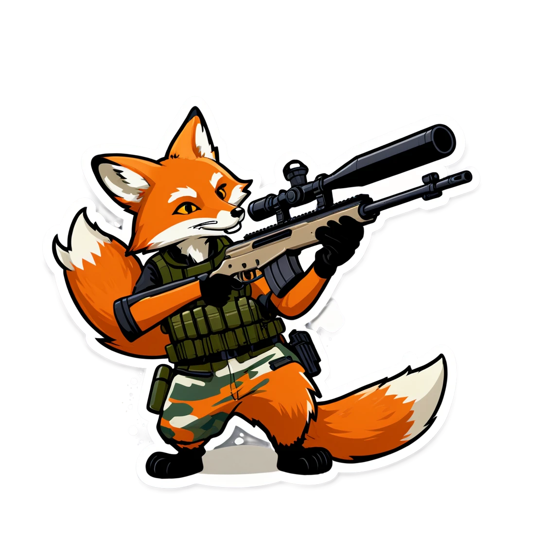 Fox, with an AWP, wearing camo gear, using a sniper rifle csgo stickers