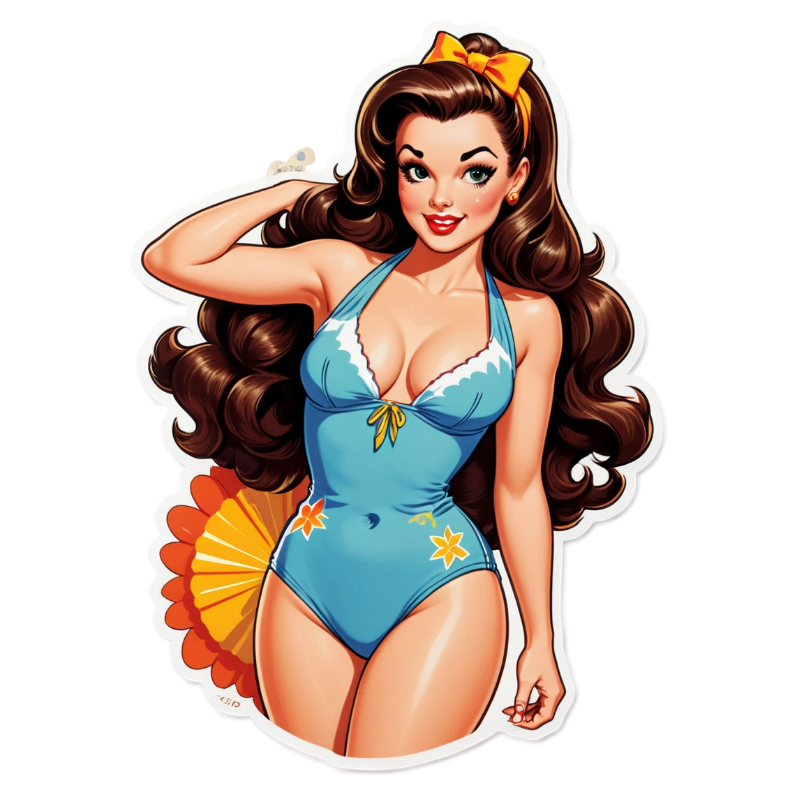 A brunette pinup model with a 1970s bush, in a bathing suit pinup-girl stickers