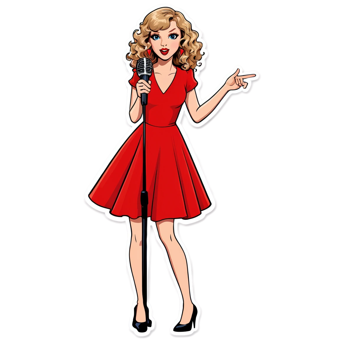 blonde hair, wearing a dress, curly hair, holding a microphone stand, with a spotlight, singing, red lipstick taylor-swift stickers