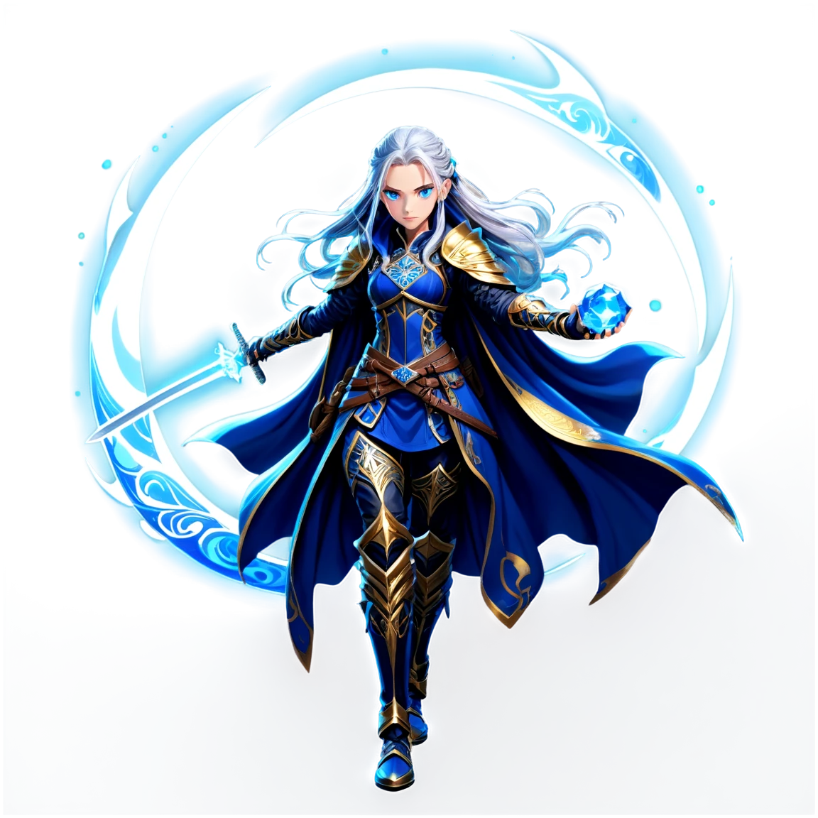  stunning silver-haired warrior waifu, piercing sapphire blue eyes glowing faintly, confident smirk, long flowing hair with intricate braids and golden rings, wearing sleek black and silver armor mixed with flowing enchanted fabric, deep indigo cloak embroidered with silver runes, katana strapped to her back glowing with mystical energy, leather gauntlets with magical gemstones, crescent moon hair ornament, floating crystal pendant at her collarbone, cinematic lighting, ultra-detailed, fantasy anime style, dynamic pose, epic composition. waifu stickers