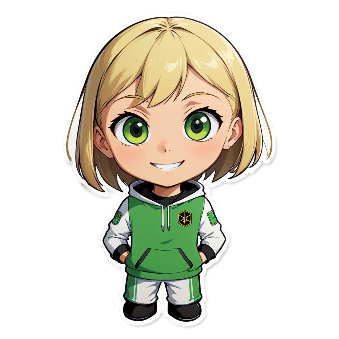 anime charecter- one male / black/brown hair buzz cut/brown eyes/athletic build/6 ft One charecter female- white-green eyes-blonde hair-smiling anime stickers