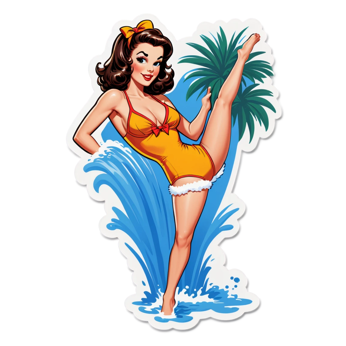 A brunette pinup model with a 1970s bush, in a bathing suit pinup-girl stickers