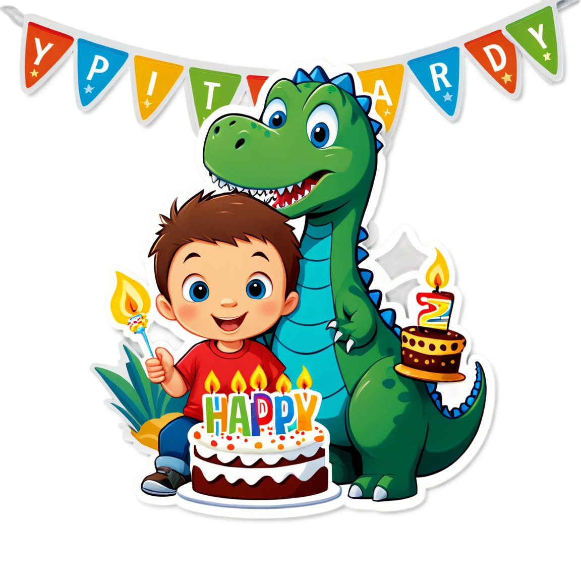 boy 2 years , with a cake, with candles, with a dinosaur and tracktor birthday stickers, with a banner ZIO, with a banner HAPPY BIRTHDAY birthday stickers