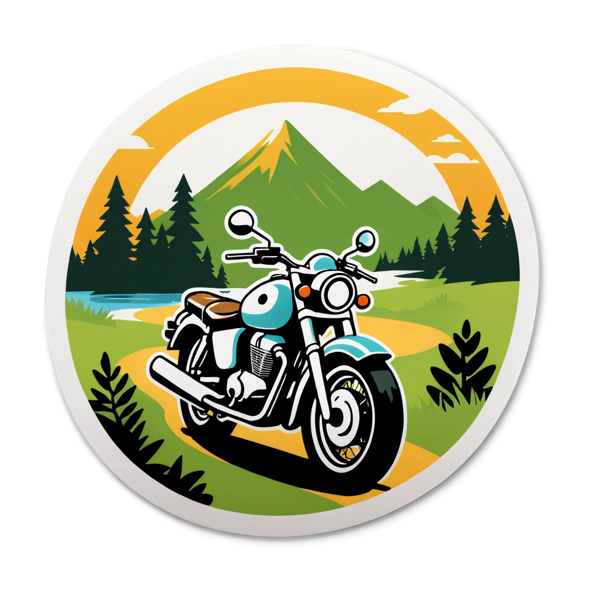 a travel with nature and a motorcycle, longing for time and back to nature band stickers