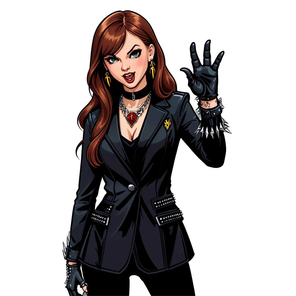 A young girl with long dark red hair, wearing a black jacket with metal elements and gloves with long golden claws, her facial expression is bold and confident. Gothic and rebellious atmosphere, various poses: threatening gesture, thoughtful face, laughing with a raised hand. Transparent background, cartoon style, emphasis on clothing details and accessories, including a spiked necklace. taylor-swift stickers