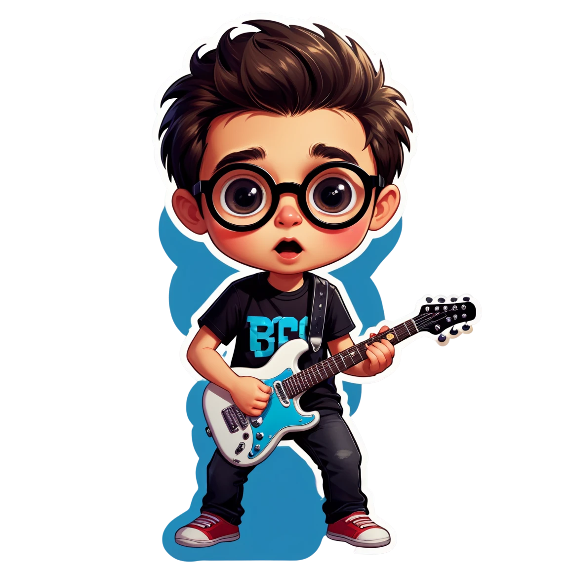 Cute boy playing electric guitar, with rosy cheeks, with big eyes, with rock glasses cute stickers