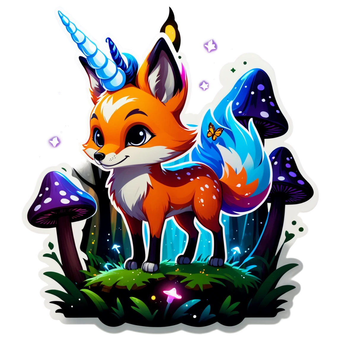 A fox with a shiny unicorn horn, prancing through a magical forest filled with glowing mushrooms and fireflies. butterfly stickers