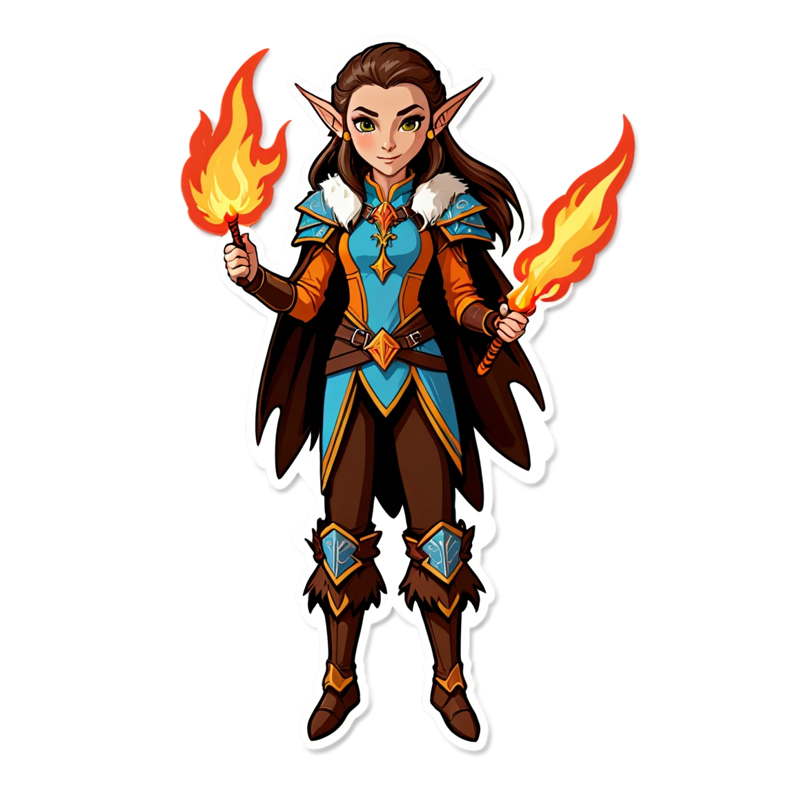 Leathers with fur,medium length brown hair, women high elf with fireball dnd stickers