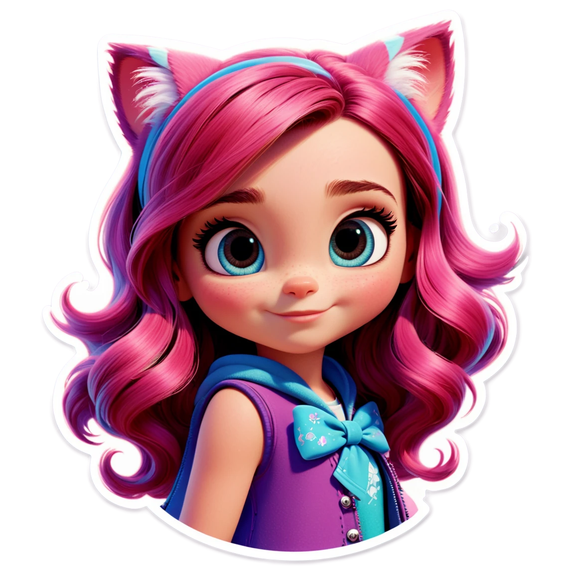 Crie um adesivo com imagem estilo disney pixar de uma menina de 10 anos loira, cabelo liso e comprido, com duas mechas rosas, olhos azuis, vestindo roupa de inverno na cor rosa cat stickers