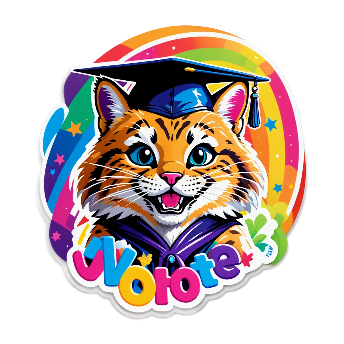 Sticker that says “I vote” with a Bobcat wearing a graduation cap, colorful, bright, rainbow colors,  lisa-frank stickers