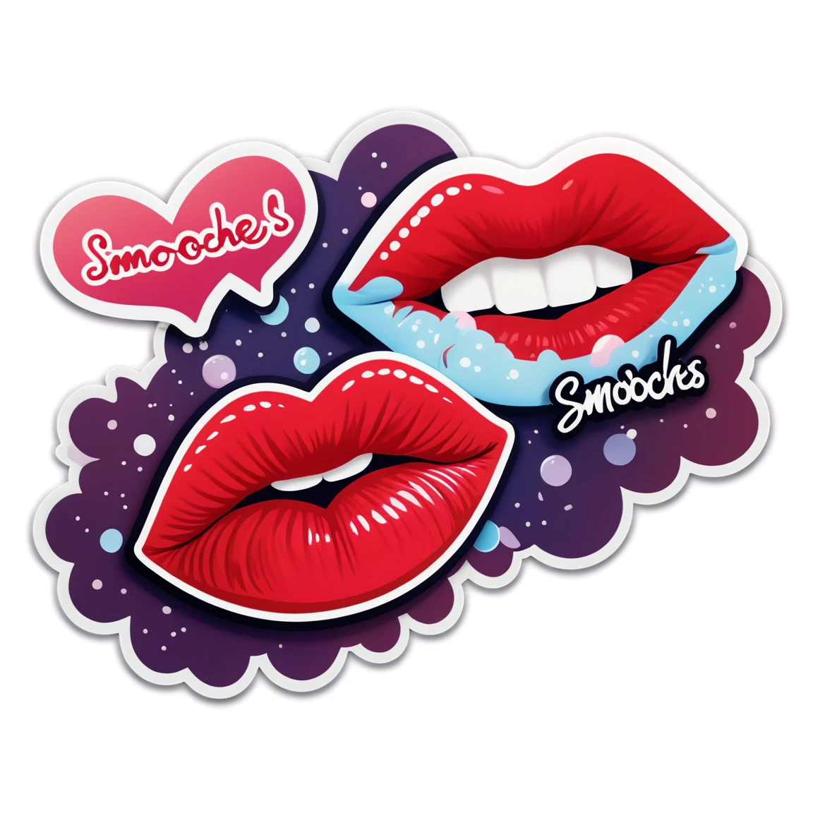 A pair of glossy lips with a shimmering lipstick mark, surrounded by tiny heart bubbles. Include the text 