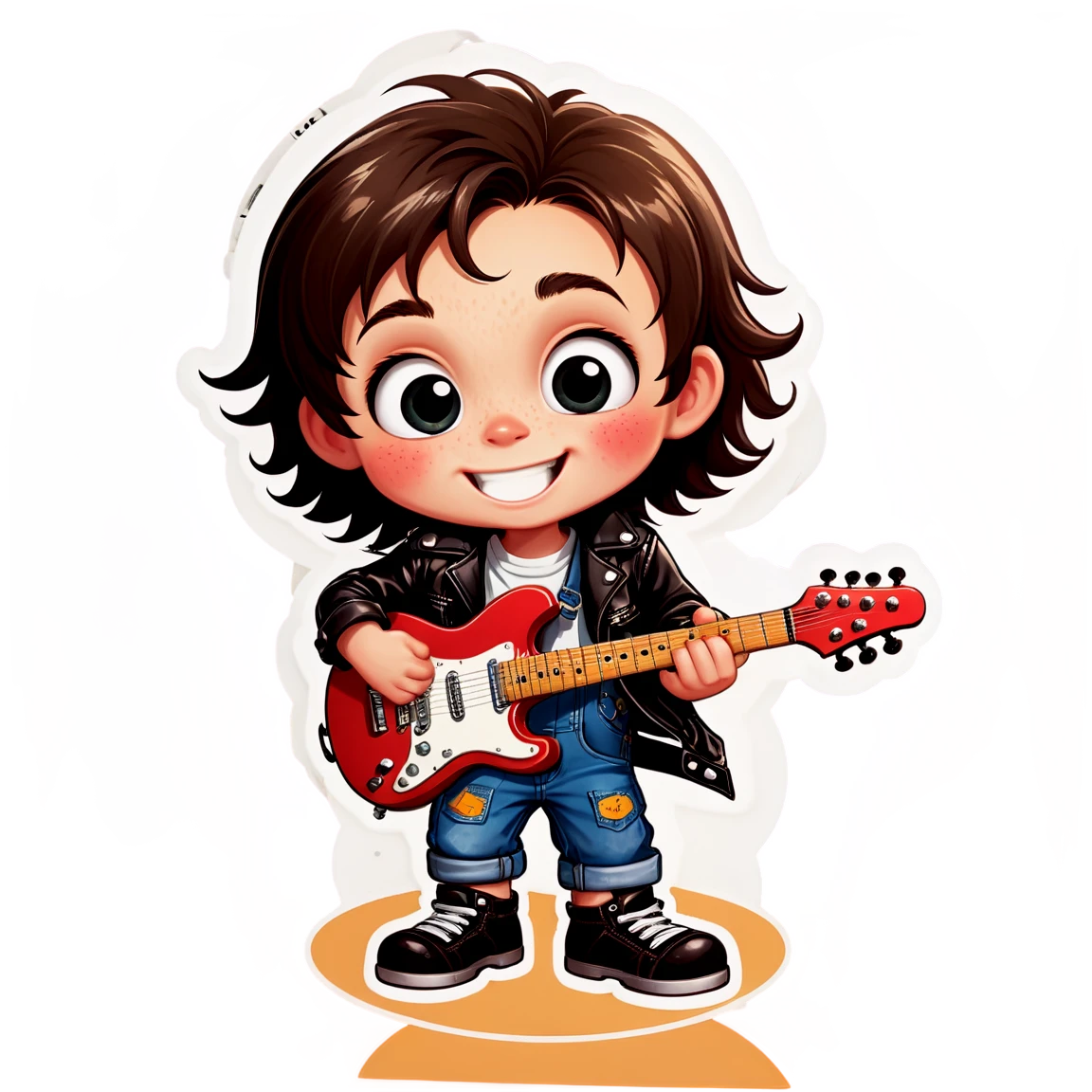 Cute boy playing electric guitar, with rosy cheeks, wearing overalls and leather jacket, with freckles, smiling, with big eyes cute stickers