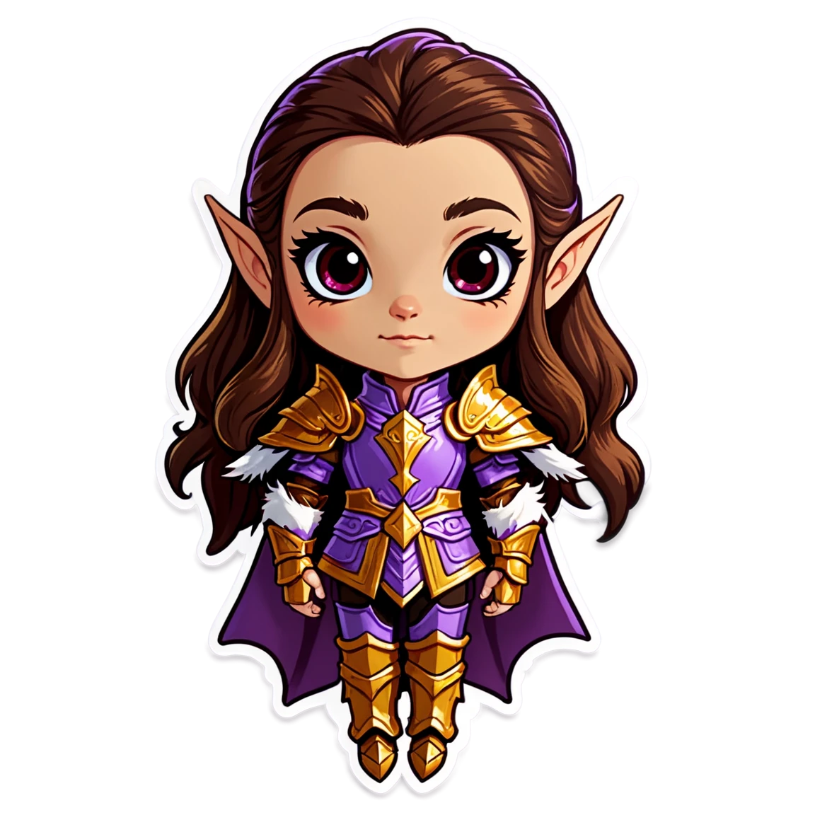 Leathers with fur, elven purple and gold armor underneath, medium length brown hair, women fireball dnd stickers