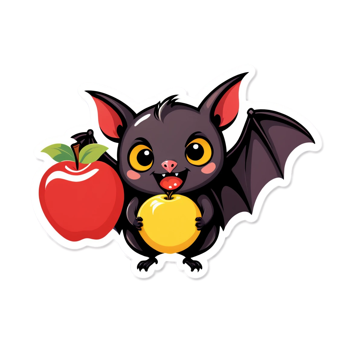 Simple two colour vector logo cute small bat holding onto large apple with wing bat stickers