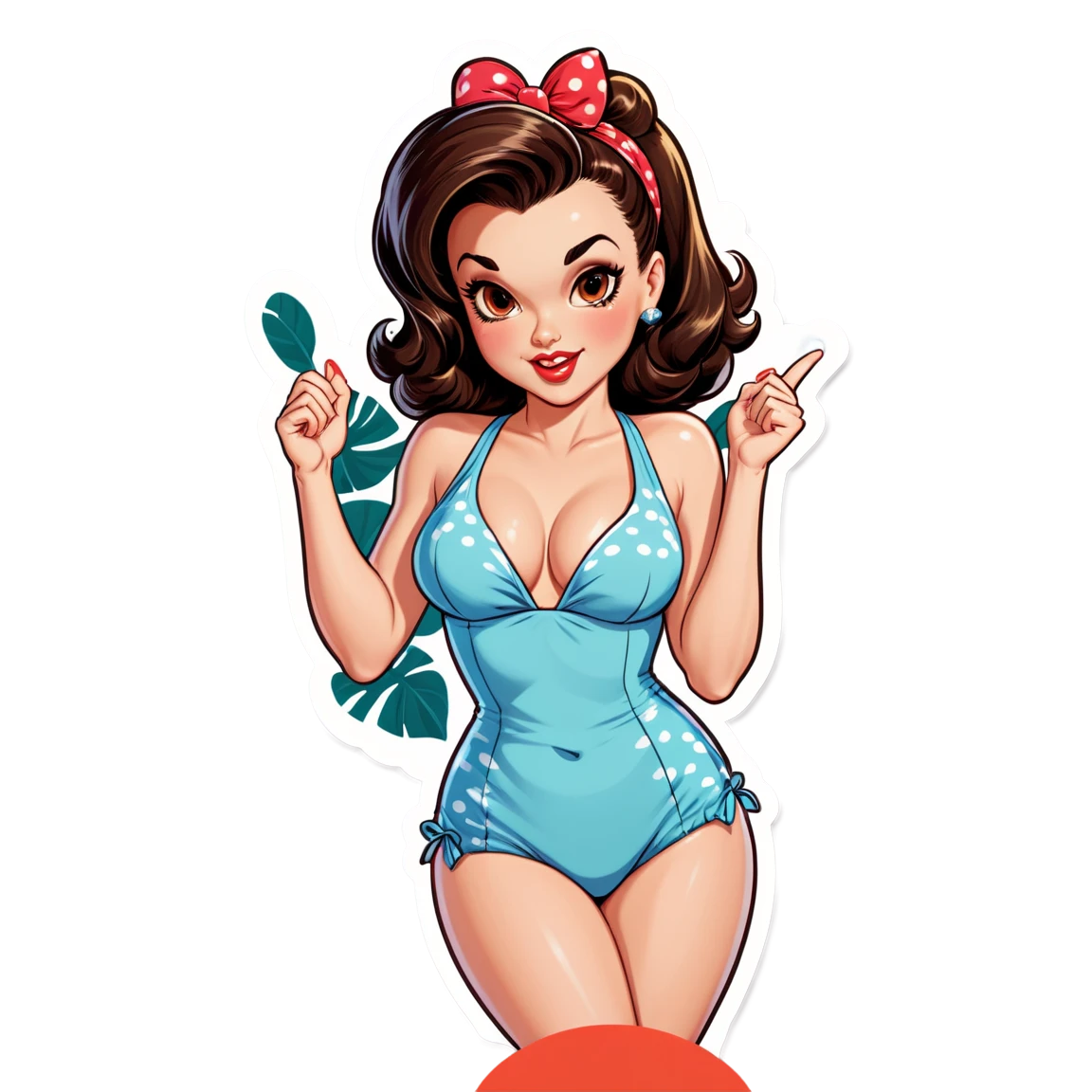 A brunette pinup model revealing her pussy bush in a bathing suit pinup-girl stickers