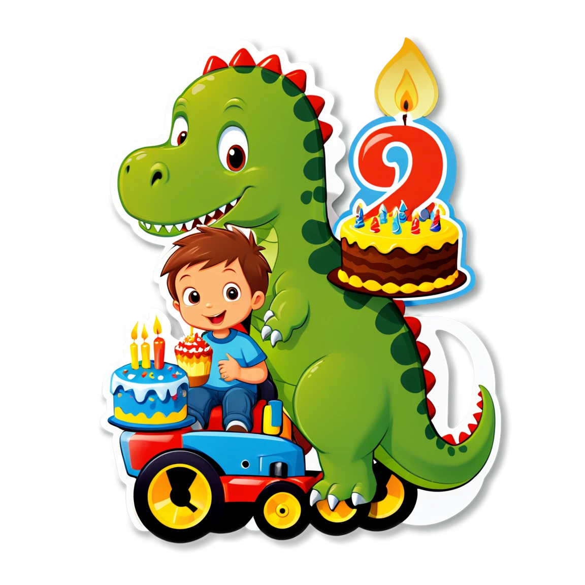 boy 2 years , with a cake, with candles, with a dinosaur and tracktor birthday stickers