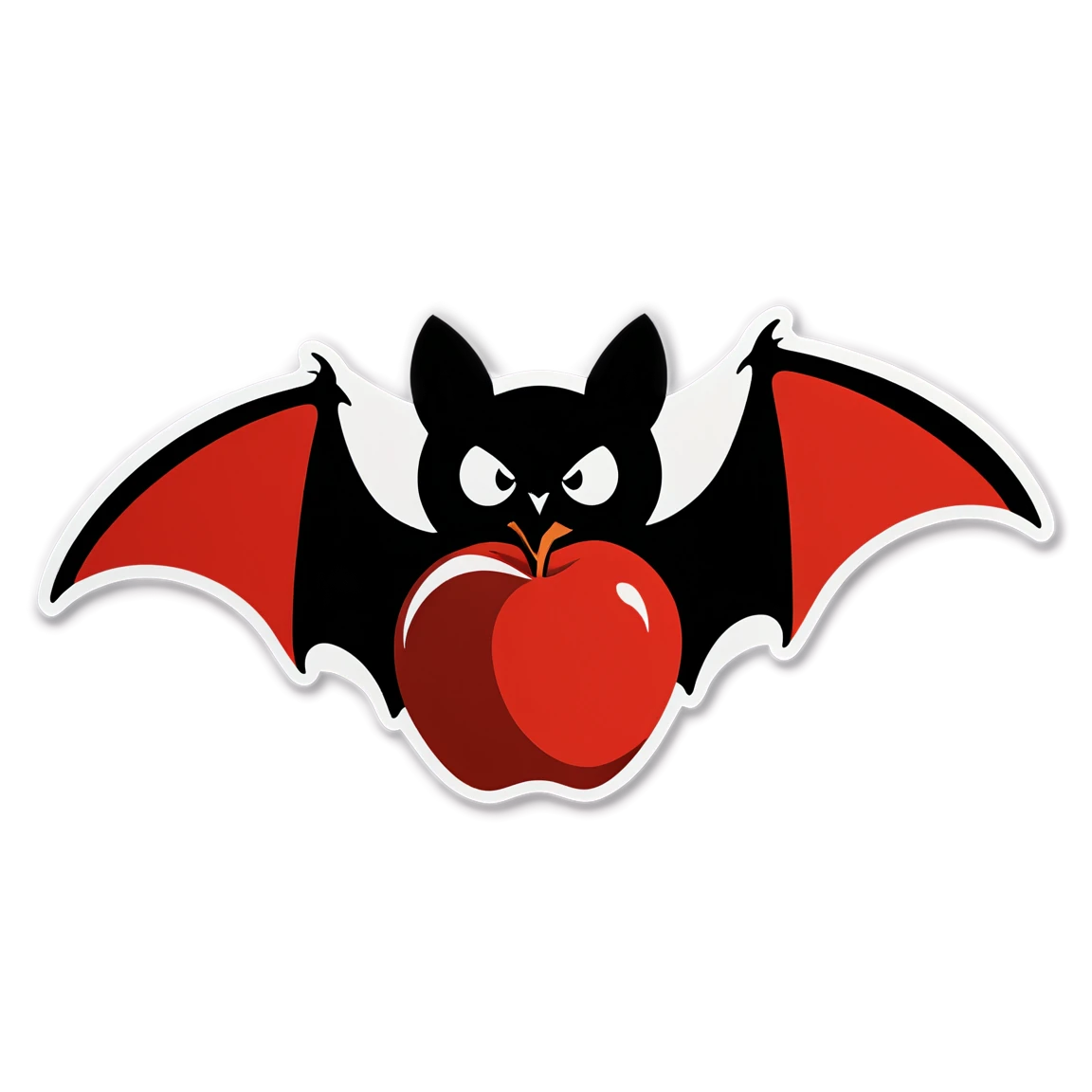 simple logo small bat wrapping wing around large apple, two colours black and red bat stickers