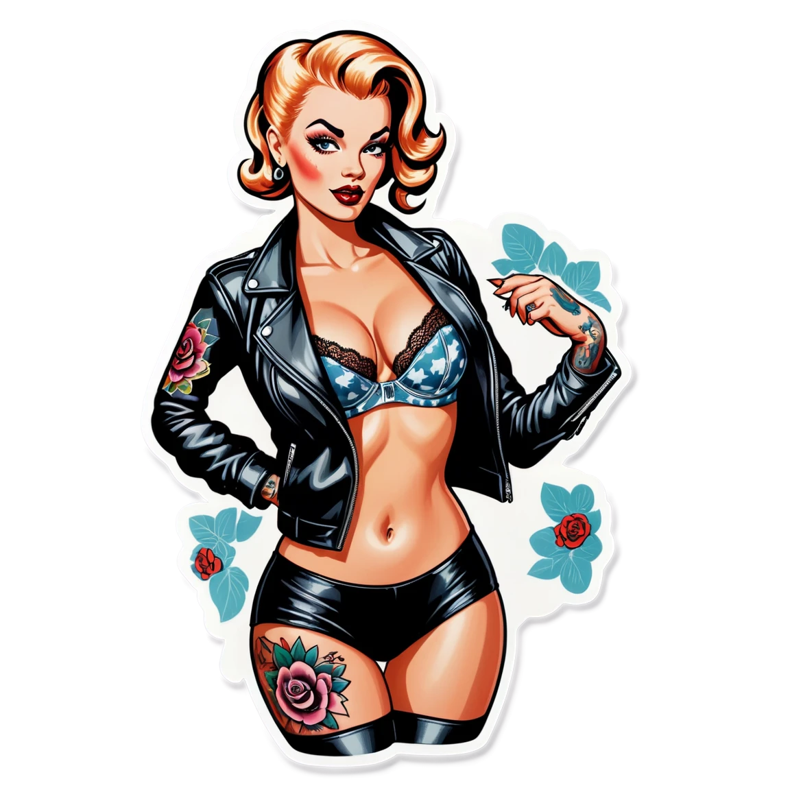 bold and stylish pinup print features a tattooed woman clad in alluring lingerie paired with a chic leather jacket, creating a striking juxtaposition of soft sensuality and edgy toughness, ideal for a contemporary art collection that celebrates empowered femininity. pinup-girl stickers