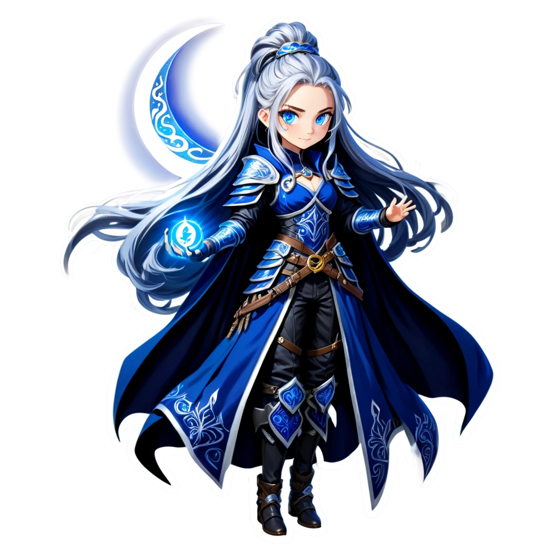  stunning silver-haired warrior waifu, piercing sapphire blue eyes glowing faintly, confident smirk, long flowing hair with intricate braids and golden rings, wearing sleek black and silver armor mixed with flowing enchanted fabric, deep indigo cloak embroidered with silver runes, katana strapped to her back glowing with mystical energy, leather gauntlets with magical gemstones, crescent moon hair ornament, floating crystal pendant at her collarbone, waifu sticker waifu stickers