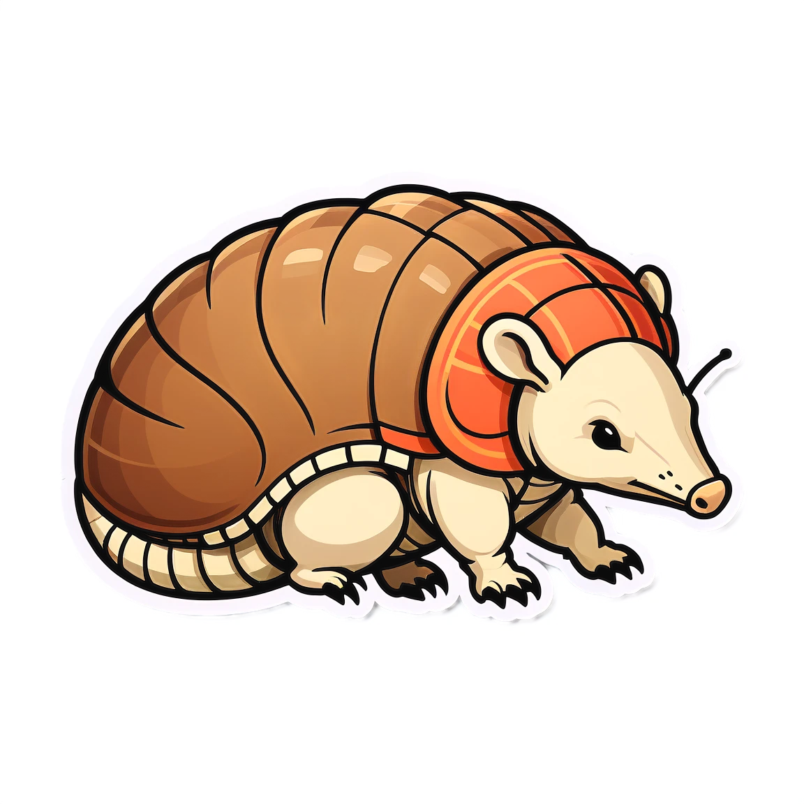 Create a simple outline of an armadillo curled into a ball. Focus on the segmented shell, small head, and tiny paws. Keep the design minimal without additional elements. vintage stickers