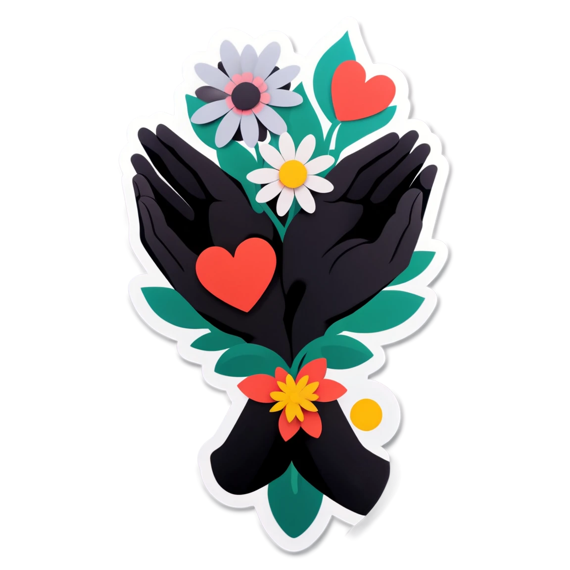 flower in hands, heart black 3d stickers