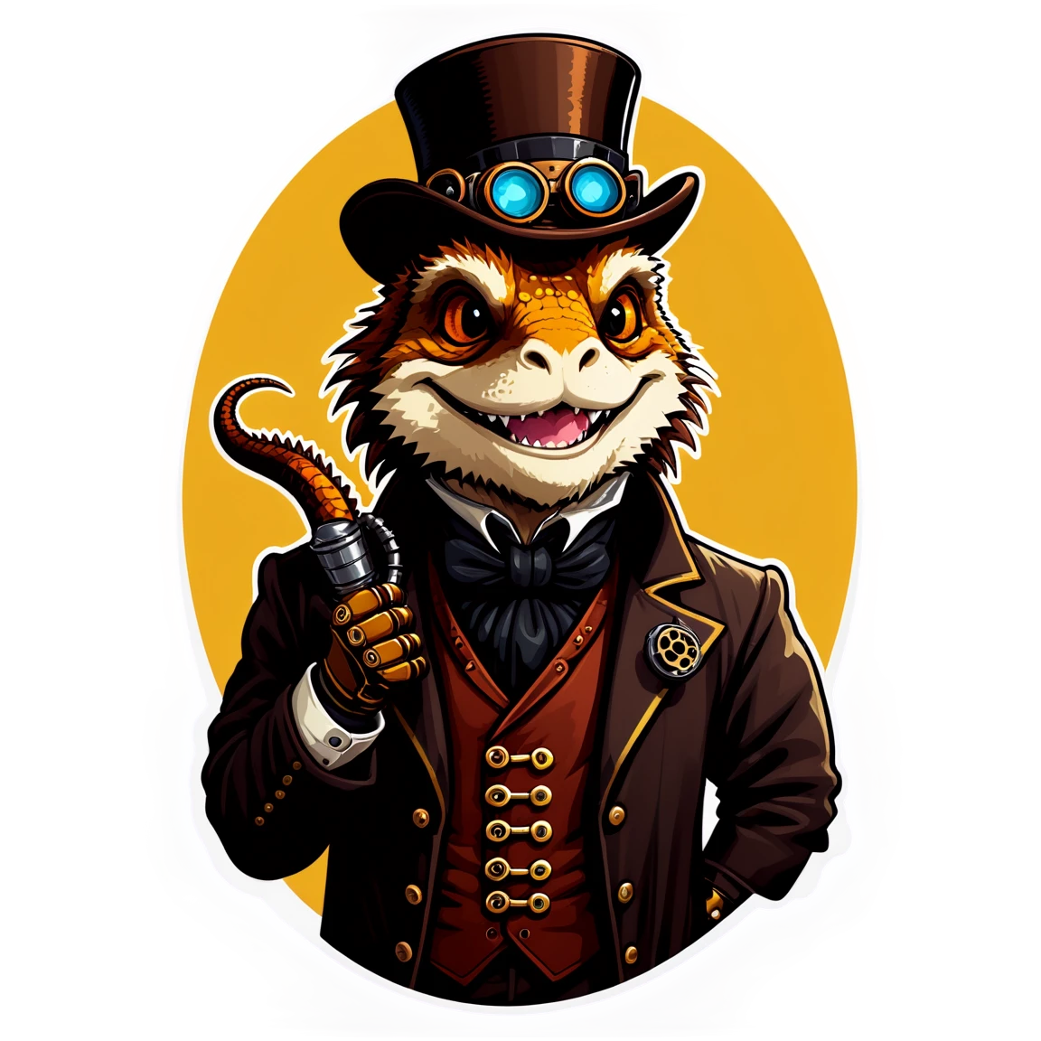 longbrown-haired steampunk male lizard, smiling furry stickers