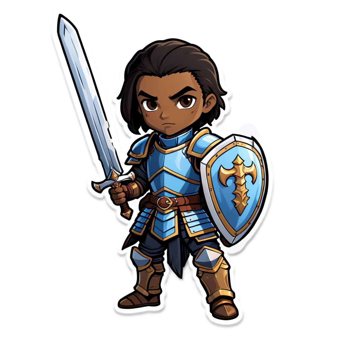 human fighter with a sword mid plate armor. black hair brown skin and dark brown eyes dnd stickers