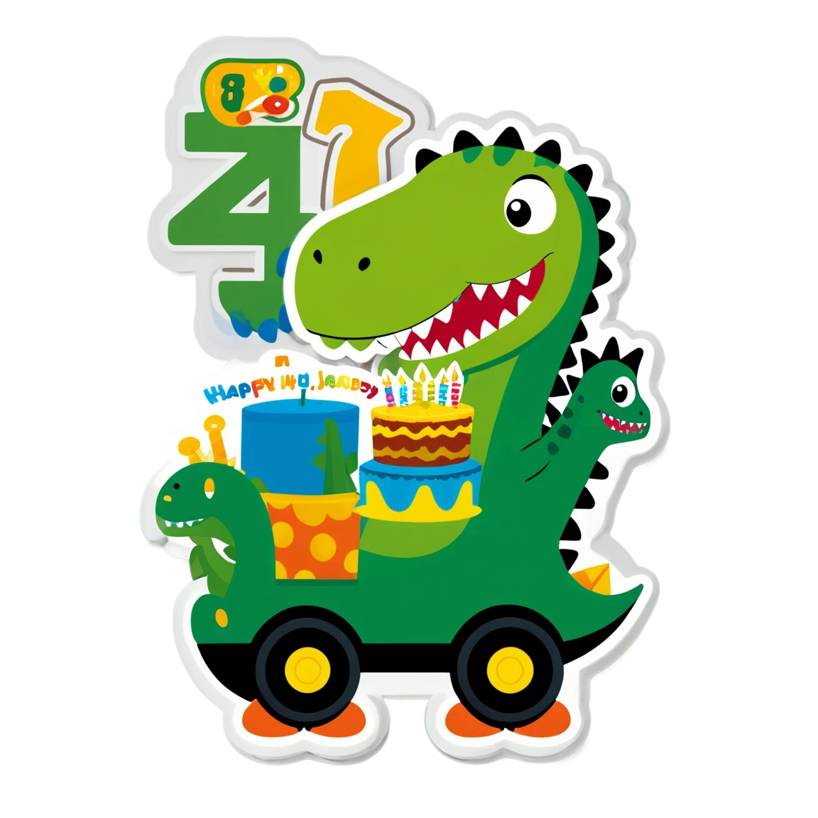 boy 2 years, with a cake, with a dinosaur and tracktor, with a name ZIO, with a note HAPPY BIRTHDAY birthday stickers