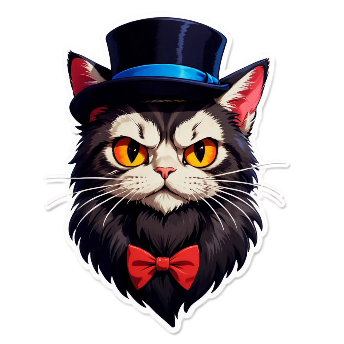 with long hair, scar on the face, with long beard, with red eyes, wearing a bowtie, with blue fur, wearing a hat cat stickers