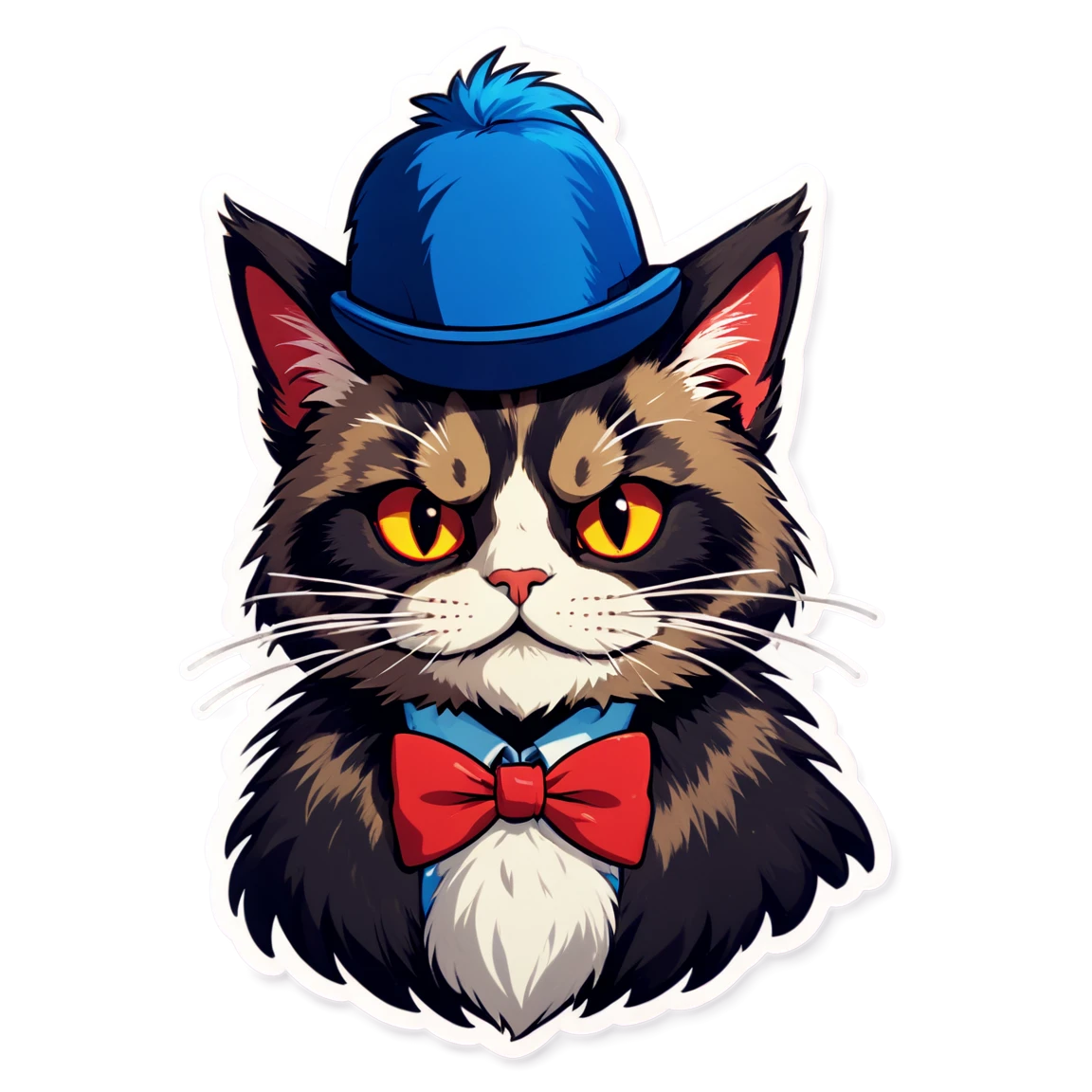 with long hair, scar on the face, with long beard, with red eyes, wearing a bowtie, with blue fur, wearing a hat cat stickers