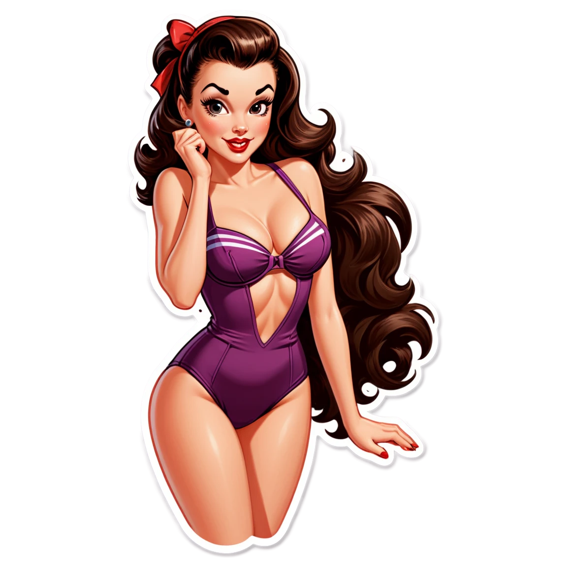 A brunette pinup model revealing her hairy bush in a bathing suit pinup-girl stickers