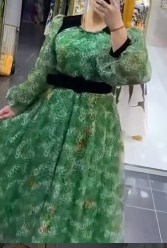 Green floral chiffon midi dress with black belt