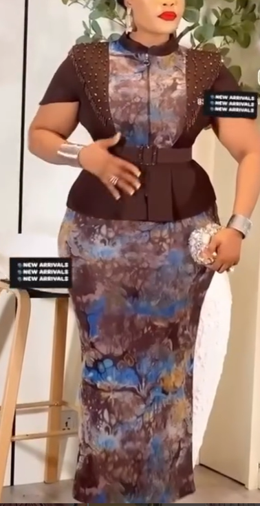 Brown lace peplum top with printed pencil skirt