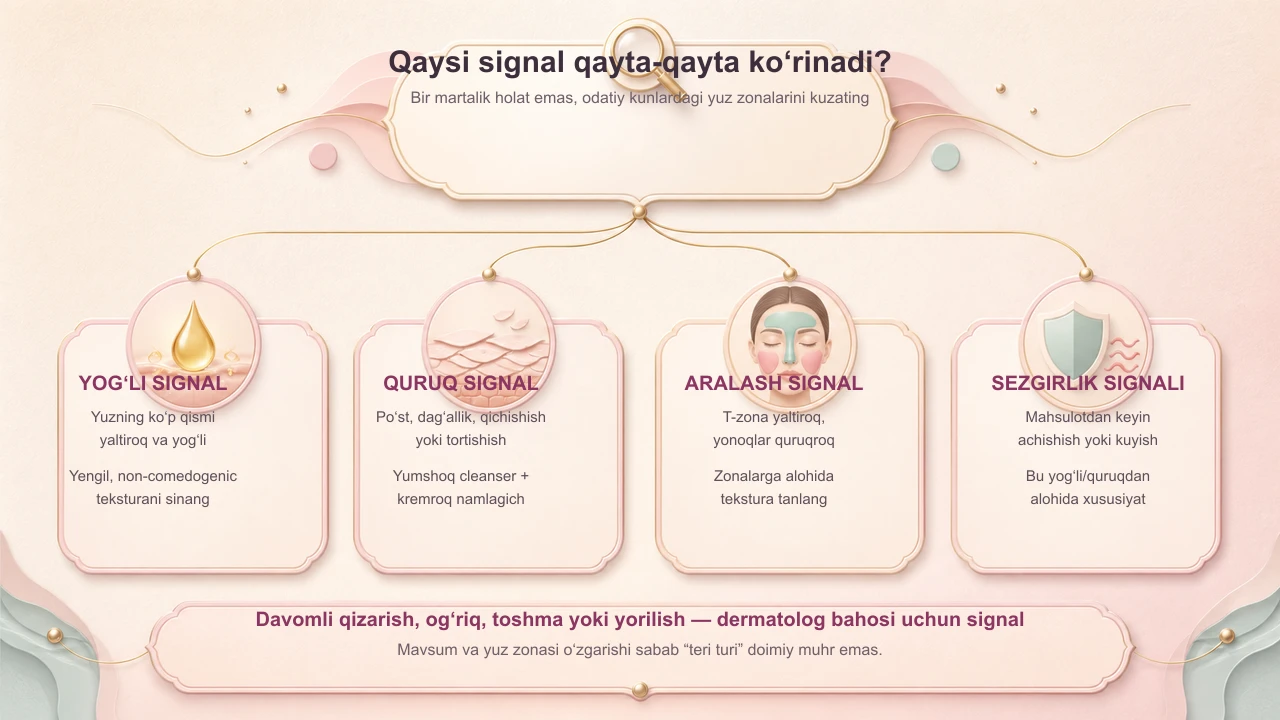 Teri turini qanday aniqlash: ko‘zgu testi, 5 signal va xato yorliqlar — jurnal rasmi 2