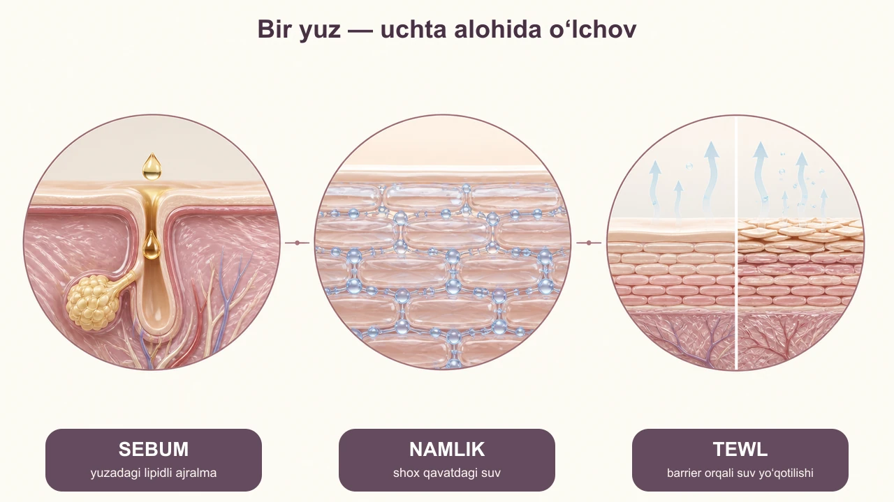 Teri turini aniqlash: yog‘, namlik va sezgirlikni zonalar bo‘yicha o‘qish — jurnal rasmi 2
