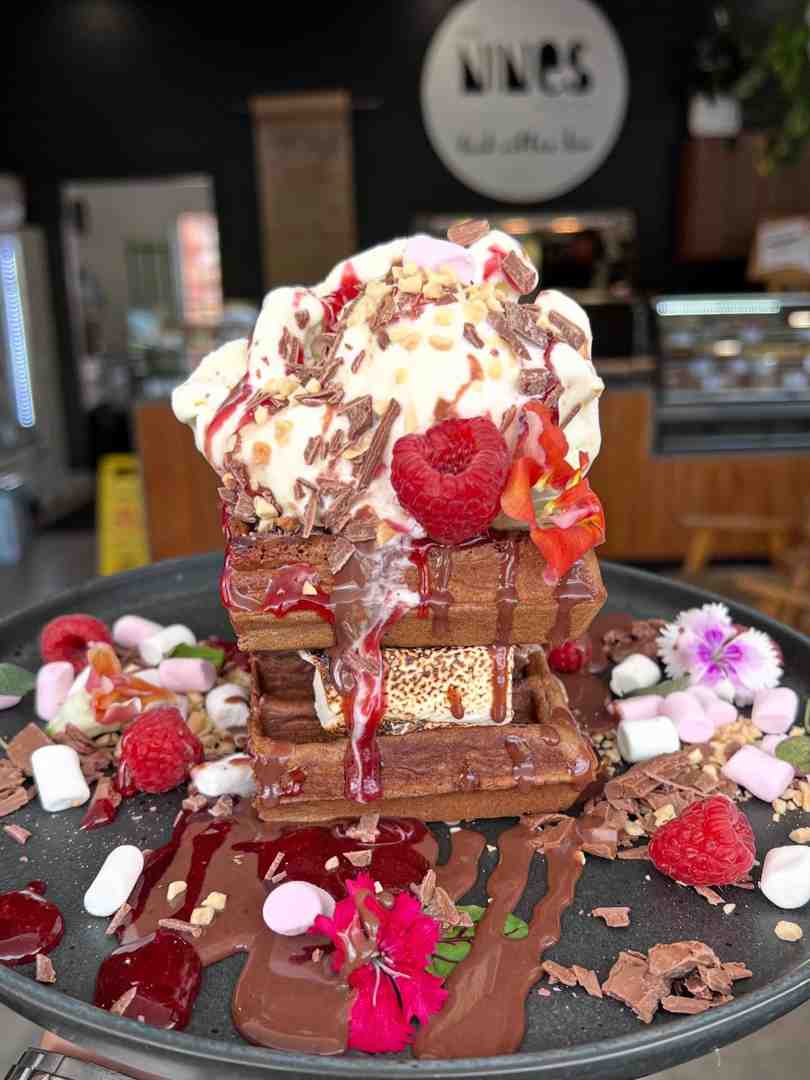 An indulgent stack of chocolate waffles topped with melting ice cream, raspberries, and toasted marshmallows. This decadent dessert demonstrates the quality menu at a luxurious work friendly cafe. An indulgent stack of chocolate waffles topped with melting ice cream, raspberries, and toasted marshmallows. This decadent dessert demonstrates the quality menu at a luxurious work friendly cafe.