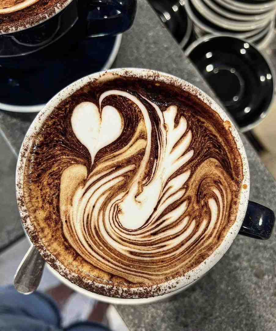 Incredible latte art featuring a detailed swan and heart pattern, expertly crafted and dusted with cocoa. Find quality coffee at the best cafes in Maroochydore. Incredible latte art featuring a detailed swan and heart pattern, expertly crafted and dusted with cocoa. Find quality coffee at the best cafes in Maroochydore.